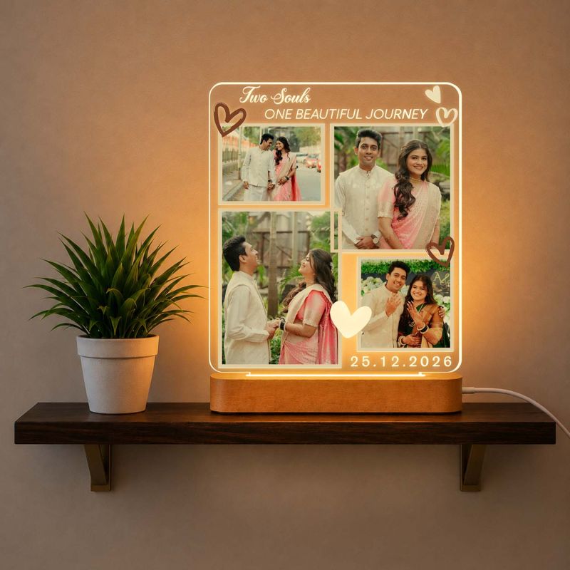 Personalized Couple Photo LED Lamp Custom “Two Souls One Beautiful Journey” Acrylic Night Light Wedding Gift for Husband Wife Gift for Roka Ceremony